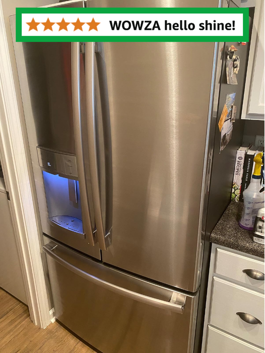 A stainless steel refrigerator featuring side-by-side doors and a bottom freezer. Above it, a 5-star review is displayed.