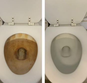 The reviewer showcases a very rusty community pool toilet that looks completely spotless after using the rust remover.