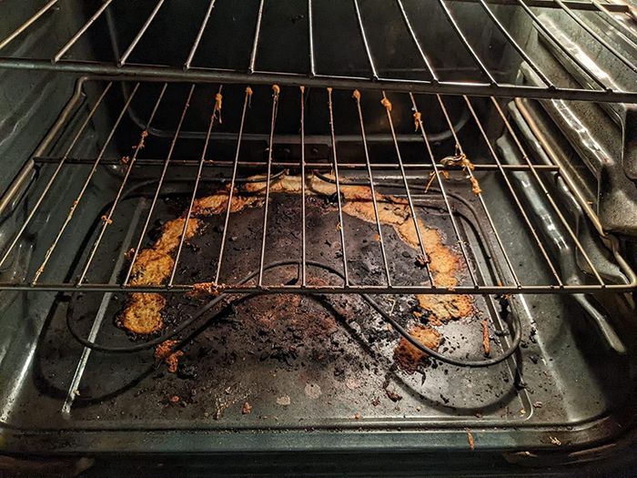 A blackened, stained oven.