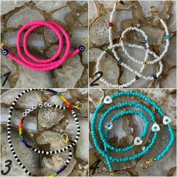 four unique beaded chains, each featuring gold-tone clasps