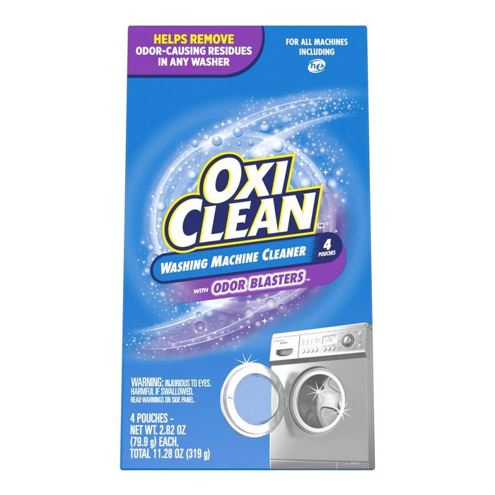 A box of OxiClean Washing Machine Cleaner, designed to eliminate odors and remove buildup. Includes usage instructions and safety warnings