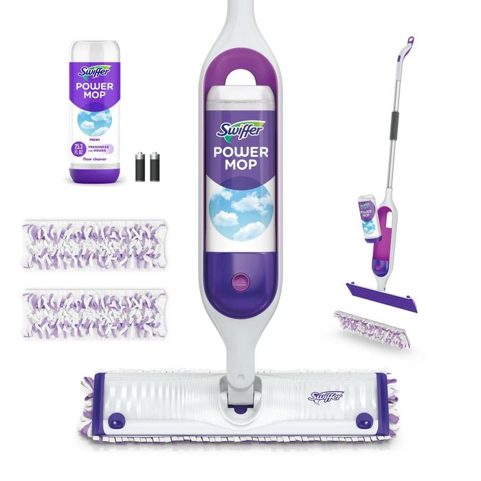 A Swiffer Power Mop kit, complete with pads, cleaning solution, and batteries, showcased as an efficient solution for home cleaning