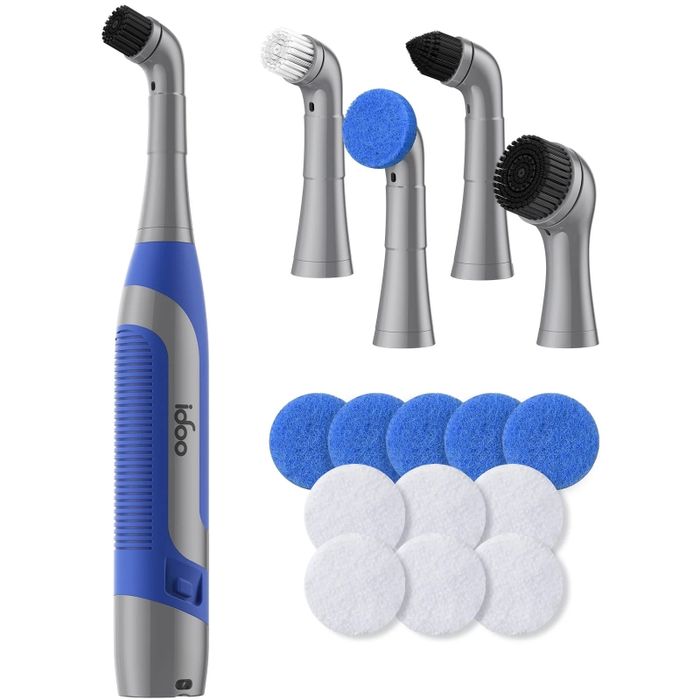 An electric cleaning brush set featuring multiple interchangeable heads and pads for versatile cleaning applications