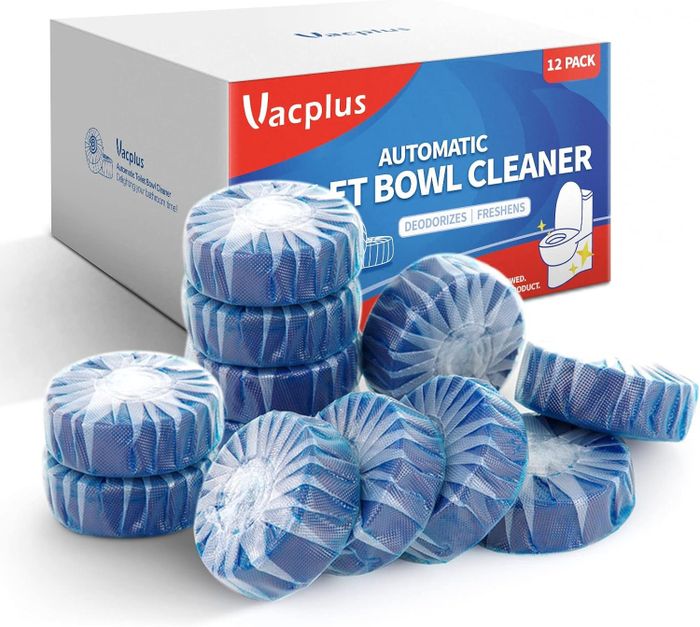 A 12-pack of Vacplus automatic toilet bowl cleaner tablets.