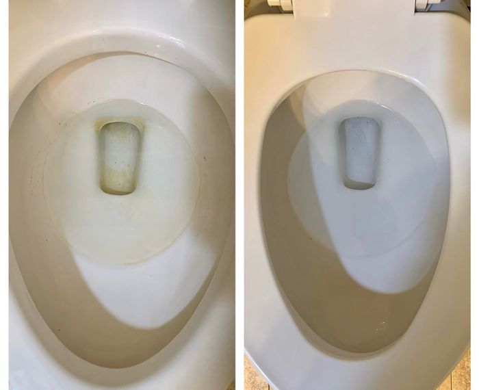 Left: A before photo from the reviewer showing a toilet bowl with stubborn orange stains. Right: The after photo shows a perfectly clean bowl after using the strips.