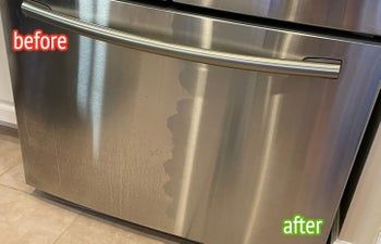 A before-and-after shot of a fridge after using a stainless steel cleaner.