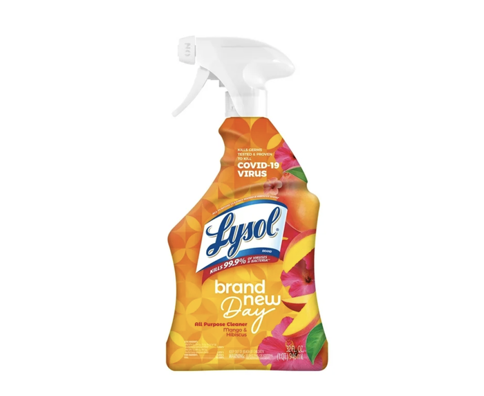 A bottle of Lysol Brand New Day All-Purpose Cleaner, designed to kill 99.9% of viruses, including COVID-19, featuring floral packaging