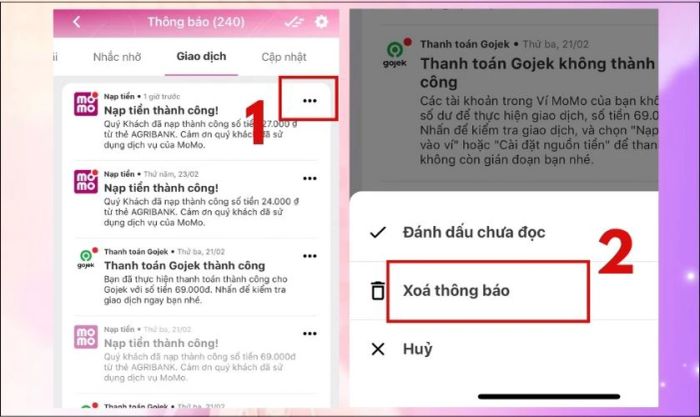 Các bước để xóa bớt thông báo trên Momo