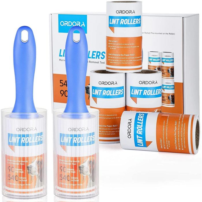 Two blue-handled lint rollers and refills are displayed. The packaging highlights the "Ordora" brand, emphasizing sheet count and lint-removal capabilities