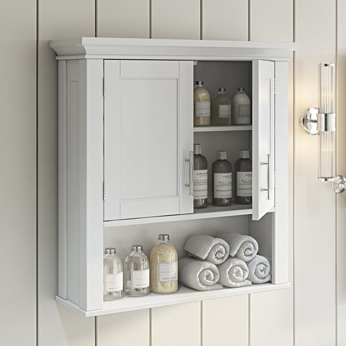 The sleek white bathroom storage cabinet 