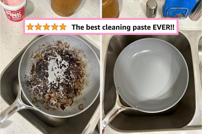 A two-panel image depicting a pan with burnt food residue on the left and a clean, shiny pan on the right, captioned.