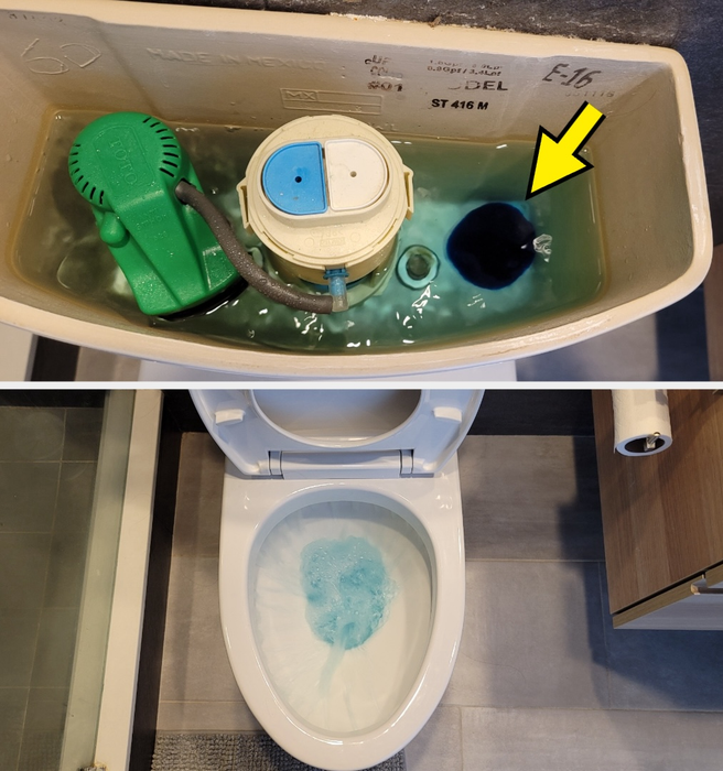 Top: A photo from the reviewer showing the blue tablet in the toilet tank. Bottom: Another photo from the reviewer showing the blue liquid flushing in the toilet bowl.