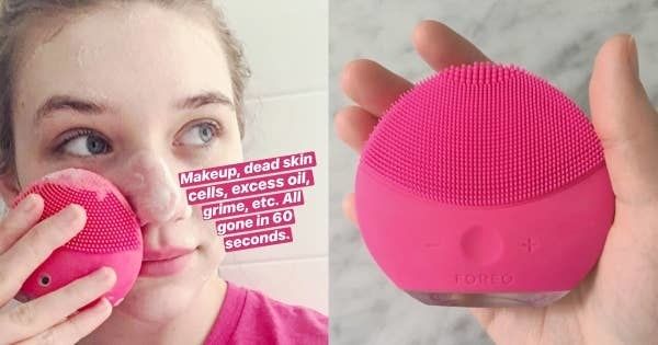a Mytour editor using the pink Foreo Luna mini facial cleanser