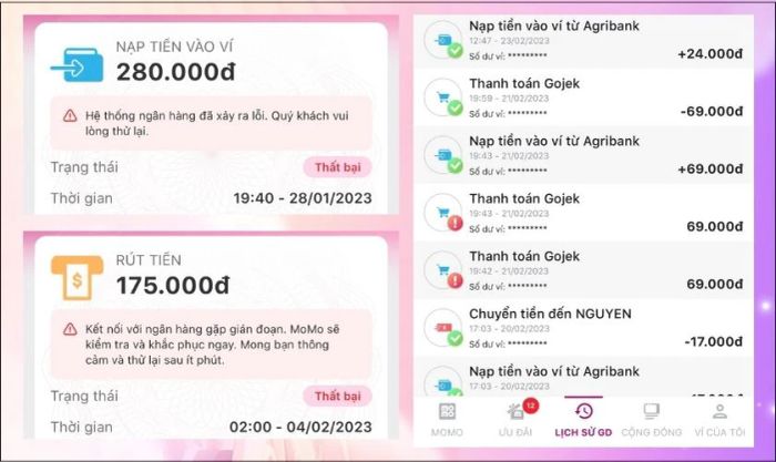 Momo lưu trữ các thông tin giao dịch của người dùng.