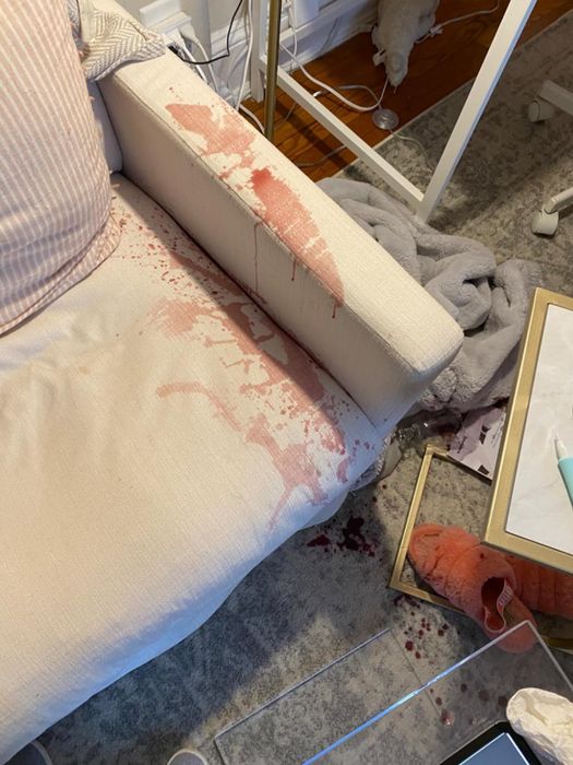 A red wine spill stains the couch, leaving marks on the armrest and seat cushion. Nearby, towels and cleaning supplies suggest an attempt to clean up the mess.