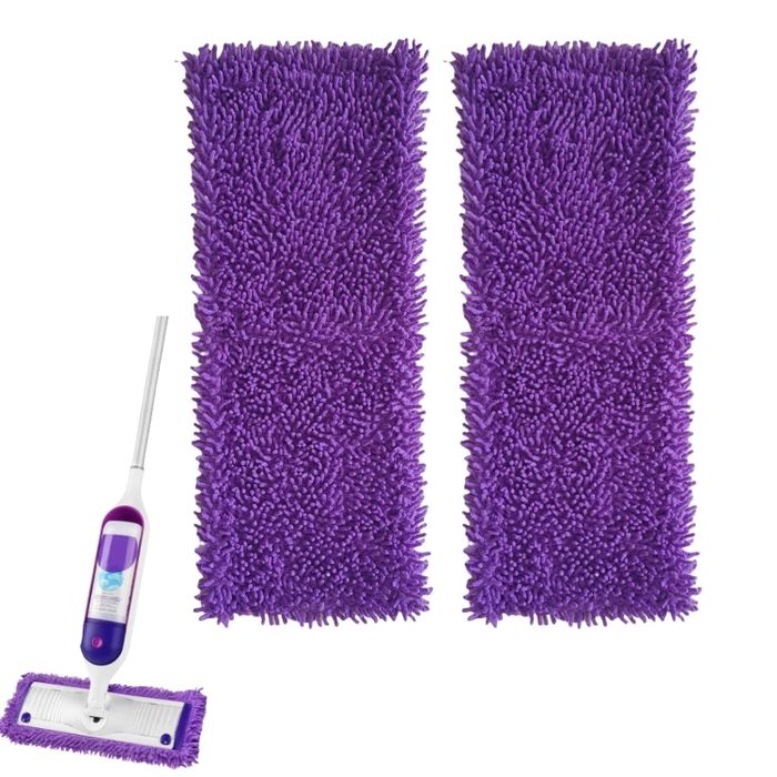 Purple microfiber mop pads and a spray mop are displayed, highlighting their reusable and efficient design