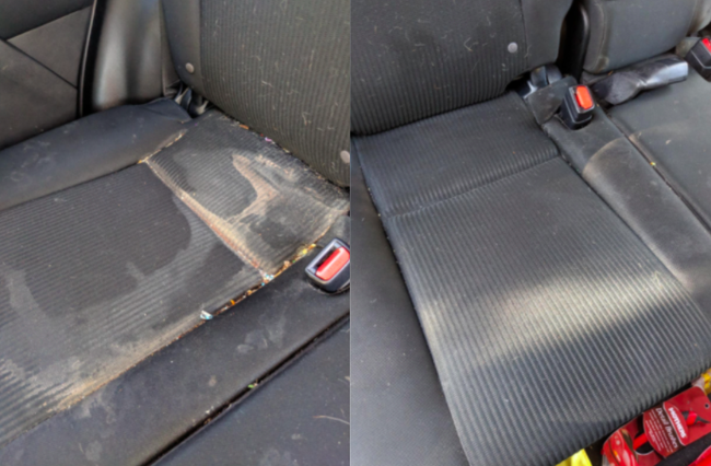 A customer review featuring a before-and-after picture of their car seat.