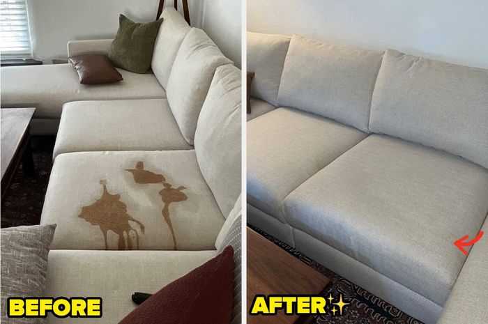 Before and after photo of a reviewer's brown-stained couch, now spotless after using Folex.