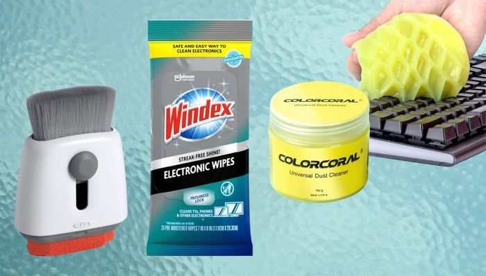 OXO keyboard brush, Windex screen wipes, and keyboard cleaning gel