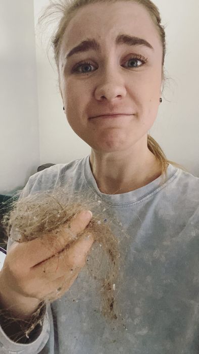 The Mytour editor looks visibly disgusted with herself while holding a large hairball she just picked up from the floor.