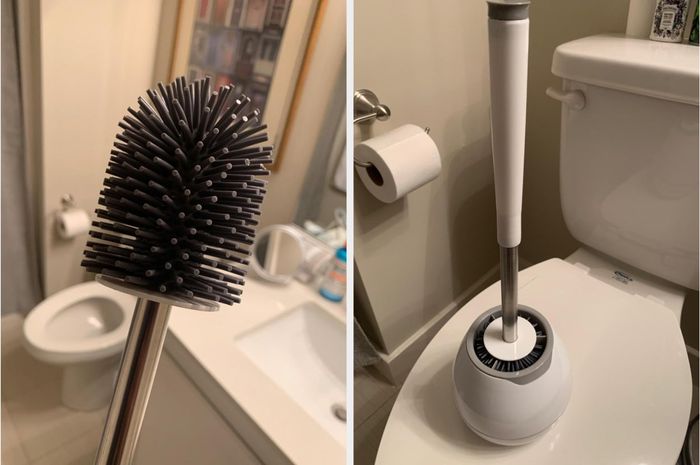 Left: A close-up shot from the reviewer showing the gray silicone bristles of the toilet brush. Right: Another photo of the brush in its holder.