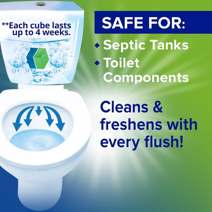 An advertisement for a toilet bowl cleaner that emphasizes its durability, safety for septic tanks, and its ability to cleanse with every flush.