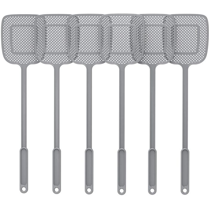 Six gray fly swatters with long handles and perforated heads, neatly arranged in a row