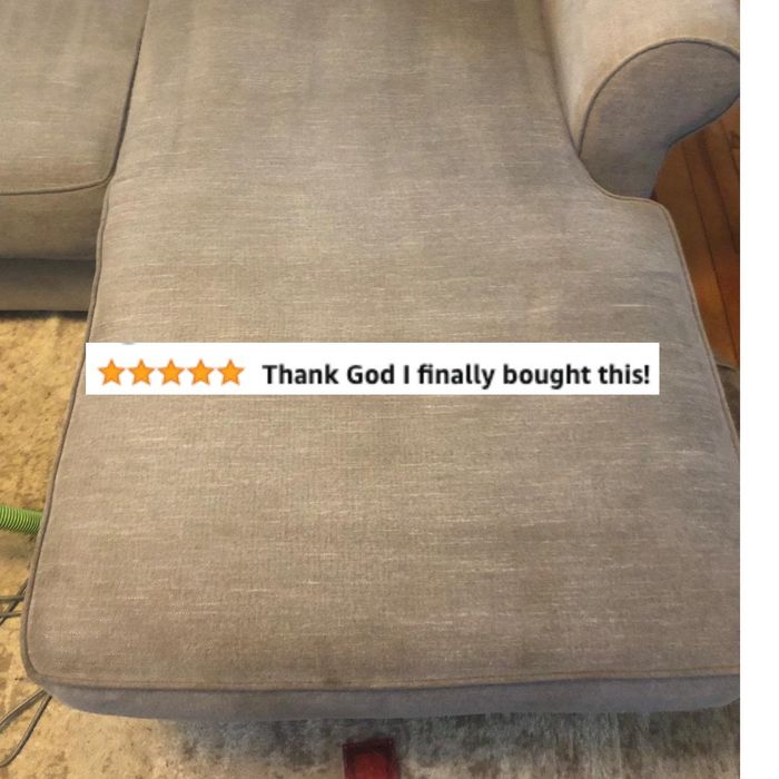 The same sofa after a deep clean, accompanied by a glowing five-star review