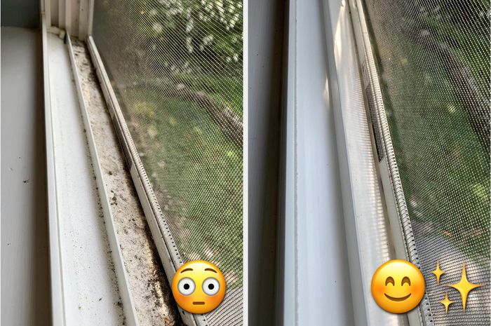 A close-up comparison of a dirty window track beside a sparkling clean one, with a surprised emoji near the dirty track and a smiling emoji with sparkles next to the clean one.