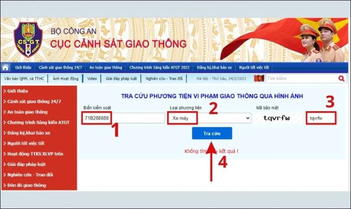 Kiểm tra thông tin phạt nguội trên trang web Cục Cảnh sát giao thông.