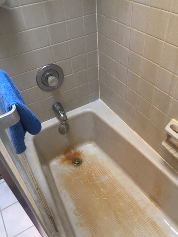 Reviewer's before photo of a bathtub covered in dirt and grime