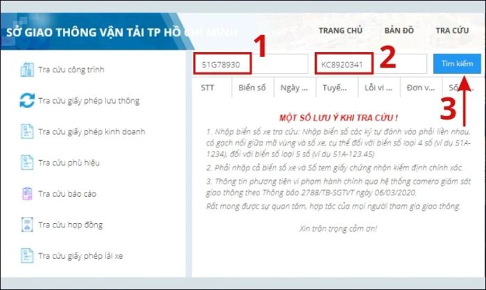Thực hiện tra cứu qua Sở Giao thông Vận tải.