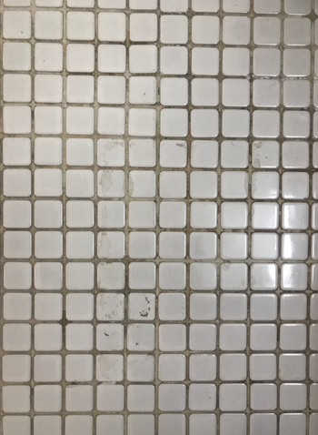 Before photo of the reviewer's bathroom tiles with grimy, discolored grout