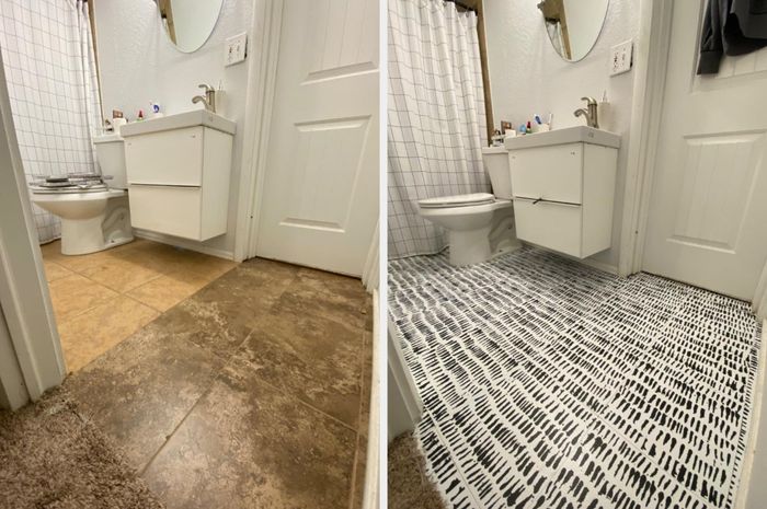 a before-and-after photo showcasing a reviewer's bathroom floor transformed with peel-and-stick tiles