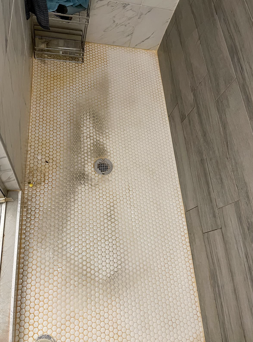 Reviewer's before photo of their shower tiles covered in grime and stains