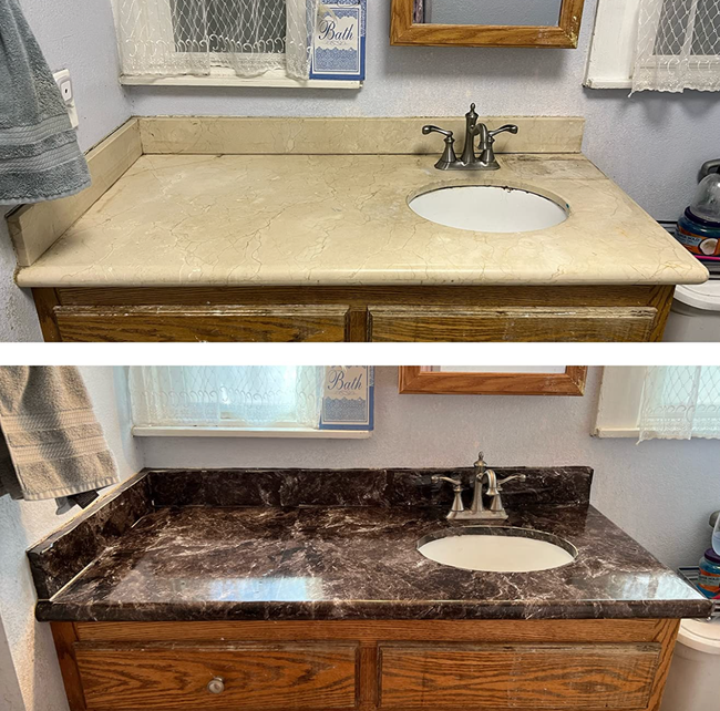 A before-and-after photo of a reviewer's bathroom counter now enhanced with the dark marble surface cover
