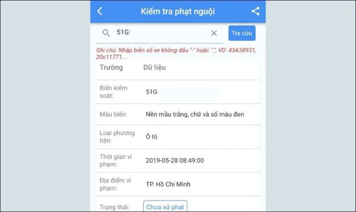 Kết quả tra cứu phạt nguội từ KGO