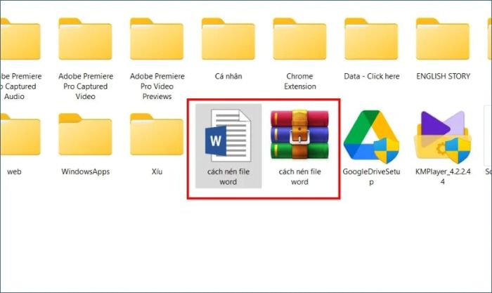 kết quả sau khi nén file Word thành các định dạng RAR, ZIP