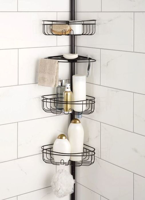 A corner shower caddy with multiple tiers