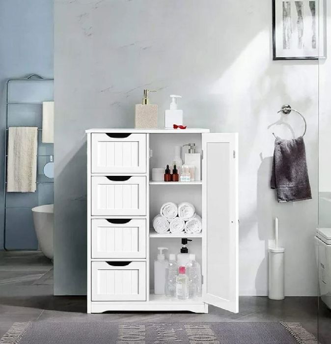 A white wooden bathroom cabinet featuring multiple shelves