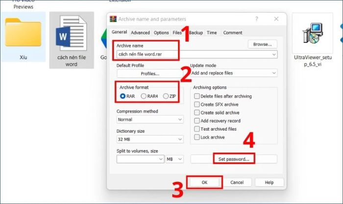nhập tên file, chọn định dạng nén và nhấn ok