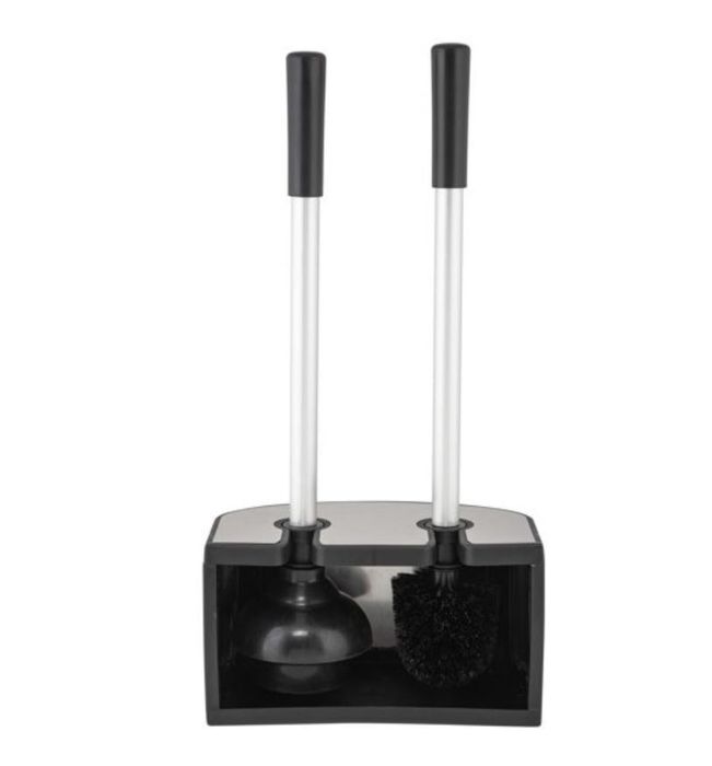 A plunger and toilet brush set with a modern design