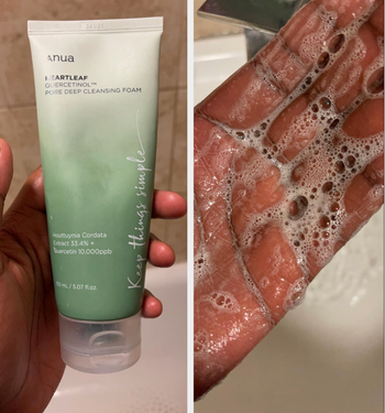 A two-part image: On the left, the reviewer holds a tube of cleanser; on the right, the reviewer uses the cleanser with water