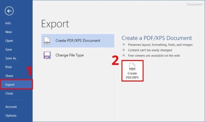 click vào export rồi chọn create pdf/xps để tiếp tục