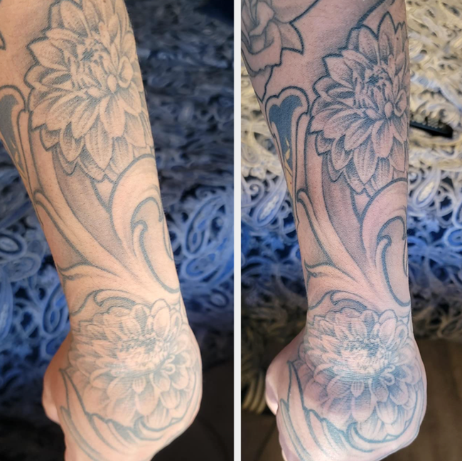 A reviewer's before-and-after of their arm tattoo, once faded, now restored to its rich, dark hue