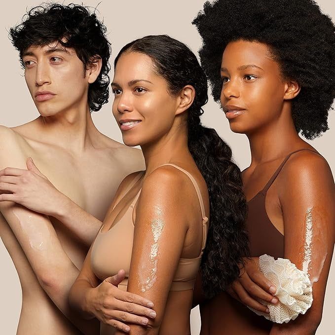 Three individuals displaying healthy, glowing skin while using body lotion and an exfoliating sponge in a shopping-inspired scene.