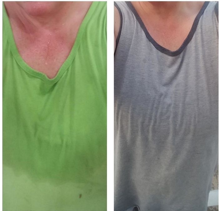 A reviewer demonstrates how drenched they were in a green shirt, then shows the after-effect of using the wipes, with no visible sweat while wearing a grey shirt.