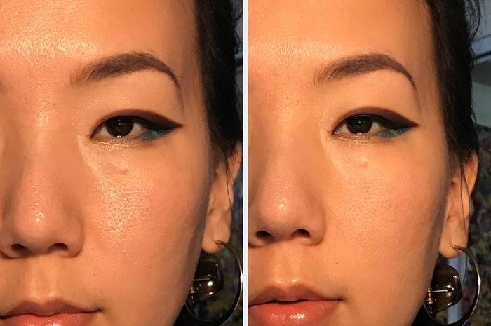 Close-up before-and-after shots showing a reviewer with oily skin on the left and mattified skin on the right after using charcoal blotting papers.