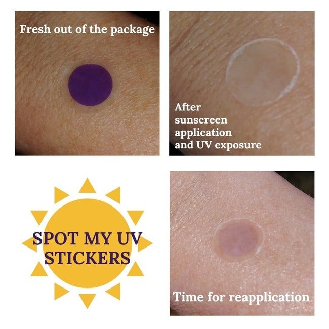 Image showing the purple sticker freshly applied, which turns clear to show that sunscreen has been applied, and then changes to light purple to signal it's time for reapplication.