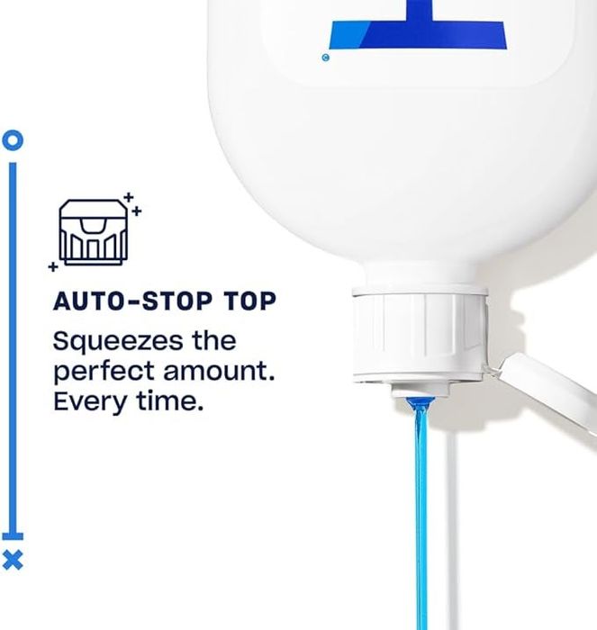 A laundry detergent bottle with an auto-stop top, dispensing a precise amount of blue liquid, accompanied by text.